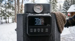 Close-up of the Masterbuilt digital electric smoker control panel showing precise temperature settings for consistent smoking.