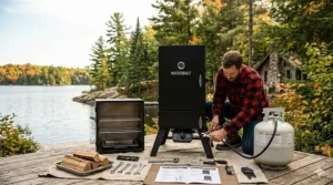 Step-by-step illustration of assembling a Masterbuilt propane smoker for a Canadian patio.