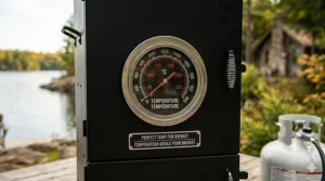 Close-up of a Masterbuilt propane smoker temperature gauge showing precise heat control for slow-smoking brisket.
