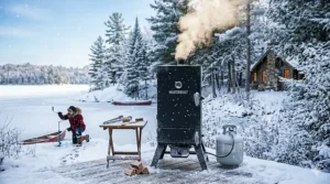 Grilling in Canada: A Masterbuilt propane smoker being used outdoors during a light winter snowfall.