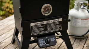 Close-up illustration of Masterbuilt propane smoker controls with English and French bilingual safety labels for Canada.