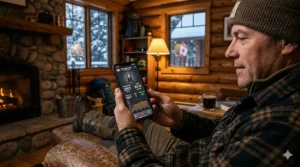 A user in Canada monitoring their Masterbuilt digital electric smoker temperature via smartphone app while staying warm indoors.