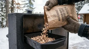 Interior view of four chrome-coated smoking racks inside a Masterbuilt digital electric smoker loaded with back ribs.