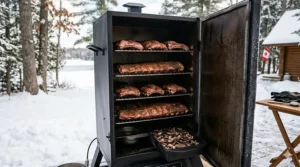 Adding locally sourced maple wood chips to the side loader of a Masterbuilt digital electric smoker for authentic Canadian flavor.