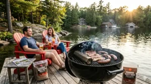 Lifestyle illustration of a pellet smoker tube in use at a lakeside cottage in Canada.
