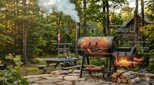 Diagram showing airflow and heat distribution in a True North offset smoker. / Schéma du flux d'air et de la distribution de chaleur d'un fumoir offset.