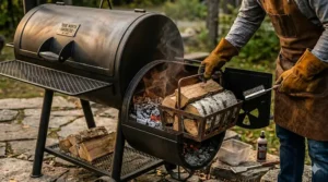 Close-up of a side firebox on an offset smoker showing wood management and maintenance. / Gros plan d'une boîte à feu latérale montrant la gestion du bois et l'entretien.