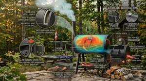Infographic of heat retention and insulation mods for budget smokers in Canadian winters. / Infographie sur la rétention de chaleur pour les fumoirs pendant l'hiver canadien.