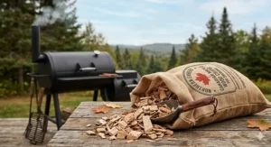 Diagram explaining the 10-12% optimal moisture content in Canadian maple wood chips for the best smoke-to-heat ratio.