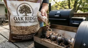 Detailed view of a pellet grill auger feeding hardwood pellets from a bilingual Canadian bag into the hopper for consistent temperature control.