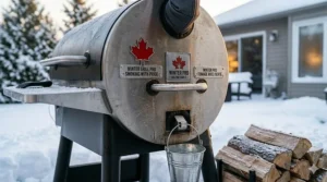A backyard BBQ setup featuring a pellet smoker with a sign saying "Welcome / Bienvenue" near a stack of firewood.