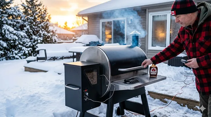 A heavy-duty pellet smoker maintaining temperature during a snowy Canadian winter evening in a backyard setting. pellet smoker for Canadian winter