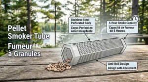 Diagram of a pellet smoker tube (fumeur à granules) highlighting the 5-hour smoke time.