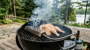 Illustration showing a pellet smoker tube adding smoke flavor to a standard propane gas grill.