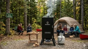 Illustration of a portable Masterbuilt propane smoker being used at a Canadian national park campsite.