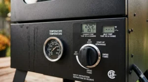 Alt text for image 3: Close-up of smoker temperature controls and gauges, suitable for English and French-speaking Canadian grillers (fumoir au propane).