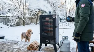 Alt text for image 2: An insulated propane smoker operating efficiently in a snowy Canadian winter, highlighting cold-weather performance.