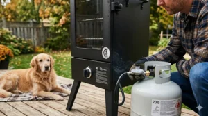 Alt text for image 7: A photorealistic close-up of a Canadian-certified 20lb propane tank being connected to a smoker, showing CSA and Transport Canada labels.