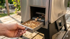 Side-loading wood chip system on an electric smoker for continuous smoke without heat loss.