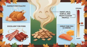 Illustration of a cedar-planked Atlantic salmon being smoked with Canadian maple wood chips for an authentic northern flavor.