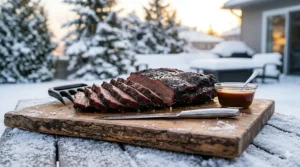 A perfectly smoked brisket sliced on a wooden board, prepared on a pellet smoker during the winter season.