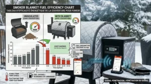 Infographic comparing pellet consumption with and without a wireless meat smoker insulation blanket in cold climates.