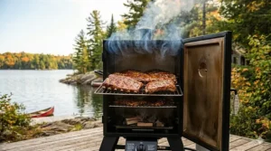 Smoked ribs with a maple syrup glaze cooking inside a Masterbuilt propane smoker.