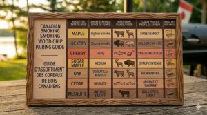 An infographic chart pairing wood chip flavors with specific meats like Canadian beef, salmon, and game.