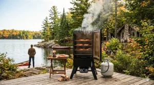 Fresh Atlantic salmon fillets being smoked inside a Masterbuilt propane smoker, a popular Canadian recipe.
