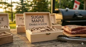 Sugar maple wood chips providing a distinctively sweet smoke profile for curing and smoking Canadian bacon.