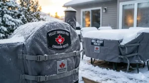 A heavy-duty, waterproof cover protecting a pellet smoker from ice and heavy Canadian snow accumulation.