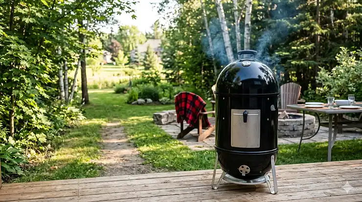 A Weber Smokey Mountain Cooker in a classic Canadian backyard setting with a cedar deck, ready for a family BBQ.