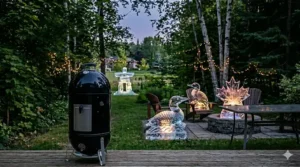 A portable 14-inch Weber Smokey Mountain setup at a lakeside cottage in Muskoka, perfect for Canadian summer getaways.
