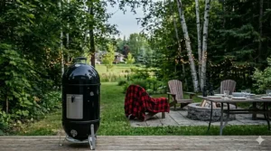 Diagram of the Weber Smokey Mountain Cooker features, highlighting the porcelain-enameled water pan and built-in lid thermometer.