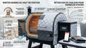 Technical diagram showing how an insulation blanket retains heat in -20°C weather, saving fuel for Canadian winter grilling / barbecue d'hiver.