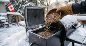 A hand in a leather winter glove pouring hardwood BBQ pellets into a snow-covered smoker hopper during a cold-weather brisket cook in Canada.