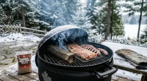 An illustration of a pellet smoker tube providing supplemental smoke during a snowy winter cookout.