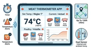 Illustration showing the long-range Bluetooth connectivity of a wireless meat thermometer through a brick exterior wall.