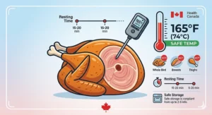 A sleek wooden charging dock for a wireless meat thermometer probe sitting on a modern kitchen counter.