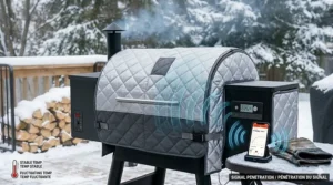 Illustration of wireless meat thermometer signal passing through an insulated smoker blanket to a mobile app.