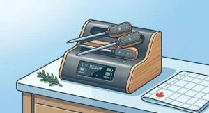 Diagram of a wireless probe inside a thick-cut AAA Alberta beef steak showing perfect medium-rare internal temperature.