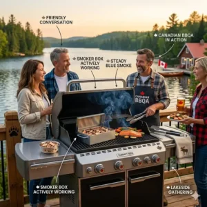 A friendly gathering on a Canadian patio with a smoker box for gas grill producing steady blue smoke from a BBQ.