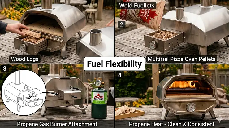 Family gathering around a portable multi fuel pizza oven on a Canadian backyard patio, baking fresh Neapolitan pizza using wood pellets.