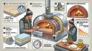 High-detail technical illustration from the control panel of the best pizza oven, showing a cutaway of an authentic Neapolitan margherita pizza baking inside a firebrick arch powered by Canadian maple hardwood logs.