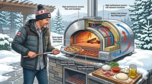 Best portable pizza oven for camping, shown as a compact gas model operating at a mountain lake campsite in British Columbia.