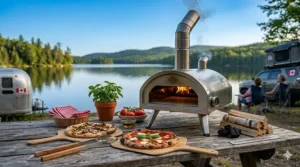 Family gathering on a backyard patio enjoying fresh Neapolitan pizza made from a portable wood fired pizza oven in Canada.