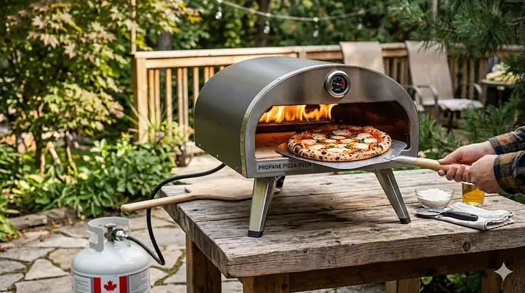 A high-quality portable propane pizza oven cooking a Neapolitan pizza on a backyard cedar patio in Canada.