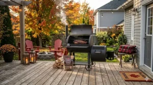 Affordable value smoker under $1000 CAD integrated into a Canadian patio setup with Muskoka chairs and outdoor lighting.