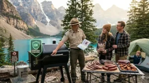Alt text for image 6: A high-resolution 4K photorealistic photograph of the camping couple (woman in brown beanie, man with glasses from previous images) cleaning the Pursuit pellet smoker at twilight by a turquoise lake. Natural golden hour light highlights detailed textures of metal, fabric, and cleaning tools on a folding table. The man empties the cooled ash bucket into a wildlife-proof canister. An infographic overlay shows magnified gasket seal details: 'GASKET LUBRICATION' (USE HIGH-TEMP GREASE / UTILISER GRAISSE HAUTE-TEMPÉRATURE) and a bilingual warning icon 'PREVENT WILDLIFE ATTRACTION / PRÉVENIR L'ATTRACTION DE LA FAUNE', featuring a stylized bear and question mark. Background mountains are sharp.
