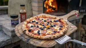 Close-up illustration of a Canadian maple bacon pizza being pulled out of a wood fired pizza oven with a metal peel.